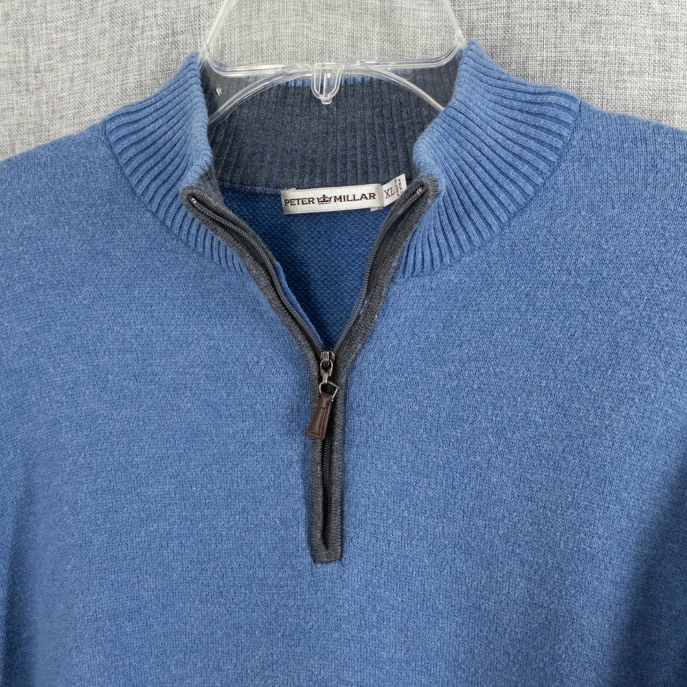 Peter Millar Men's XL Quarter Zip Wool Cotton Sweater Blue Pullover